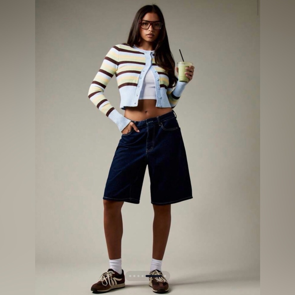 Y2K Free People inspired Striped Pastel Cropped Button-Up Sweater - Light Blue